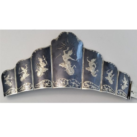 6" Vintage Siam Niello Solid Sterling Silver Dancer Panel Bracelet